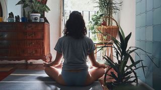 Woman sitting in a yoga position pictured from behind