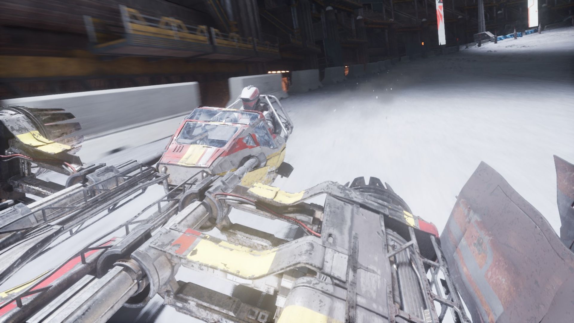 Shade pilots a skim speeder toward the camera at speed