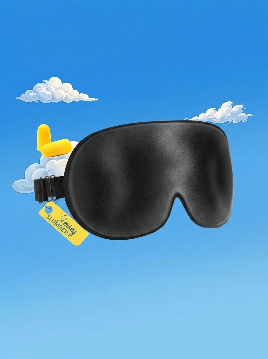 The Jersey Slumber Sleep Mask on a background of an illustrated sky edited by Gemini