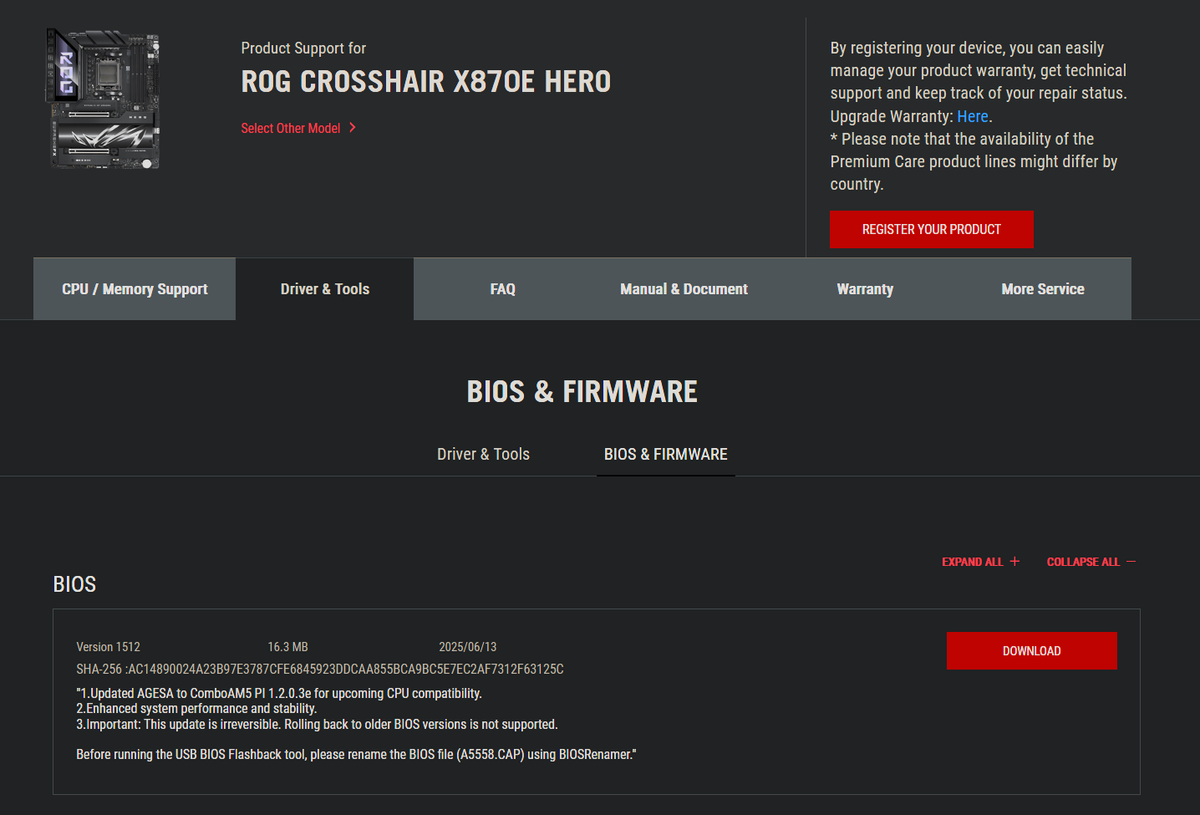 Asus ROG Crosshair X870E AGESA 1.2.0.3e BIOS