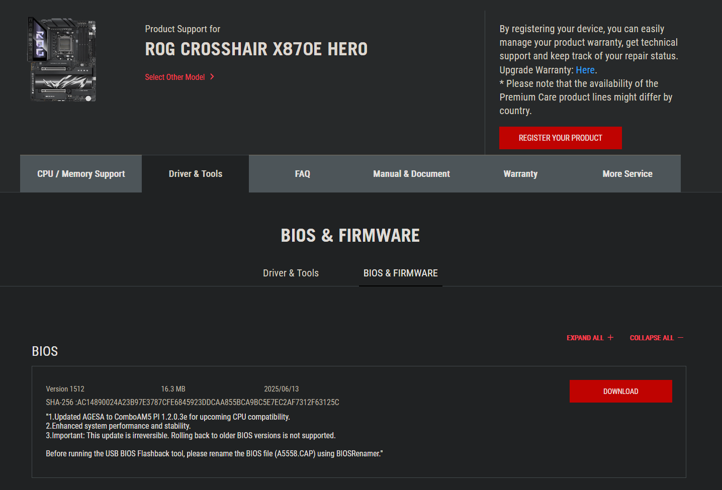 Asus ROG Crosshair X870E AGESA 1.2.0.3e BIOS