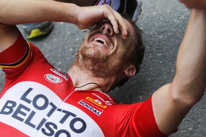 Adam Hansen (Lotto Belisol) collapsed after winning stage 19 of the Vuelta a Espa&ntilde;a