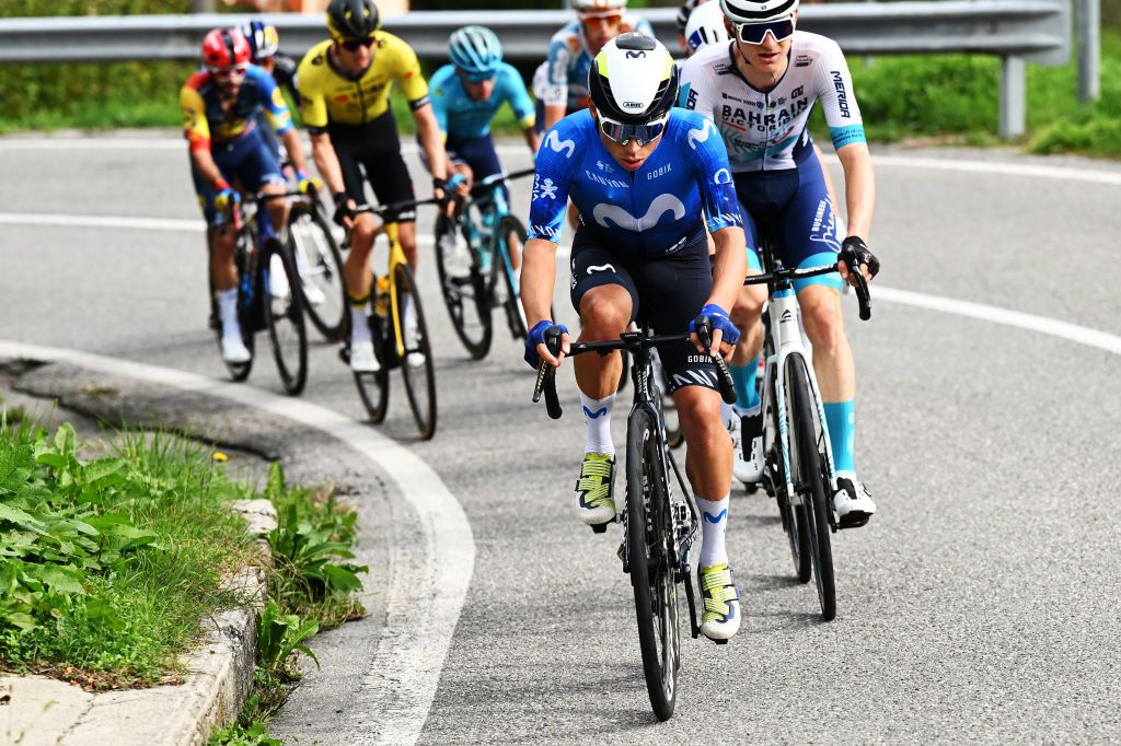 COMO ITALY OCTOBER 12 Einer Rubio of Colombia and Movistar Team competes in the breakaway during the 118th Il Lombardia 2024 a 255km one day race from Bergamo to Como UCIWT on October 12 2024 in Como Italy Photo by Tim de WaeleGetty Images