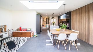 white kitchen diner extension with island and dining table