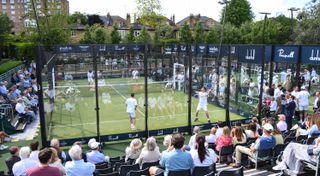 Crowds watch a match at the Alfred Dunhill Padel Classic at The Hurlingham