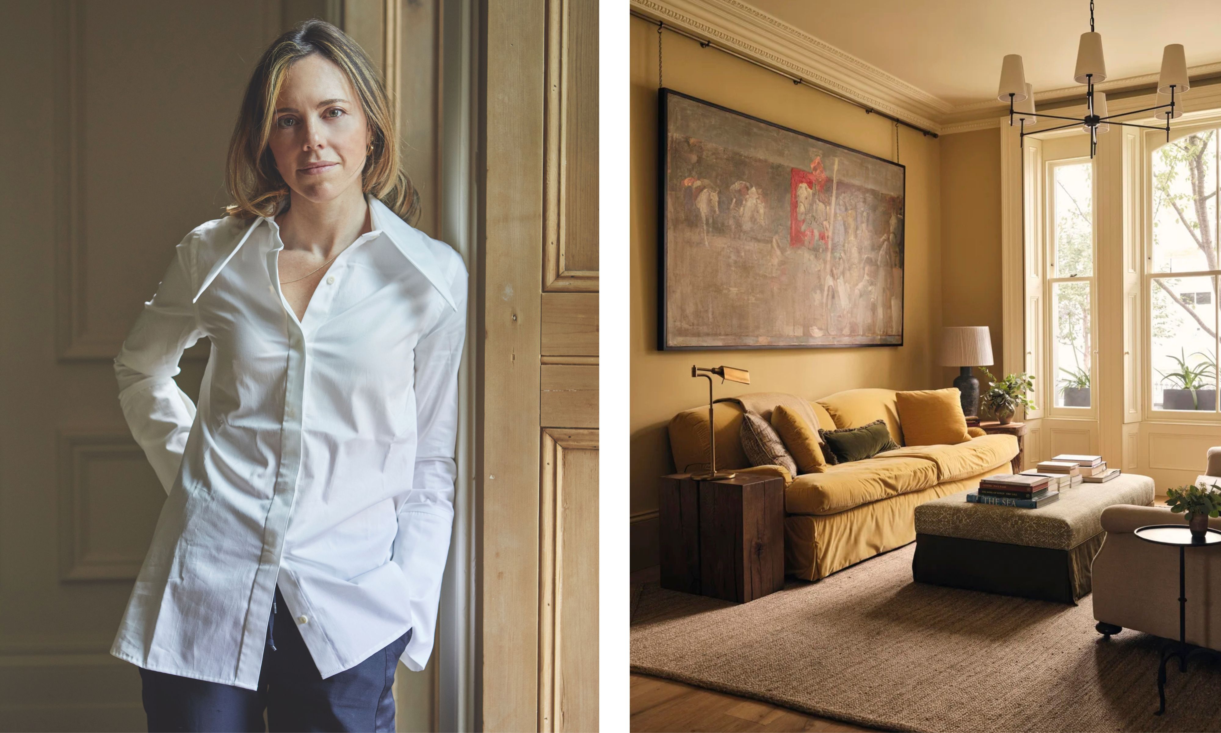 A split-screen image showing interior designer Jessica Summer in a white shirt on the left, and a warm-toned living room she designed on the right
