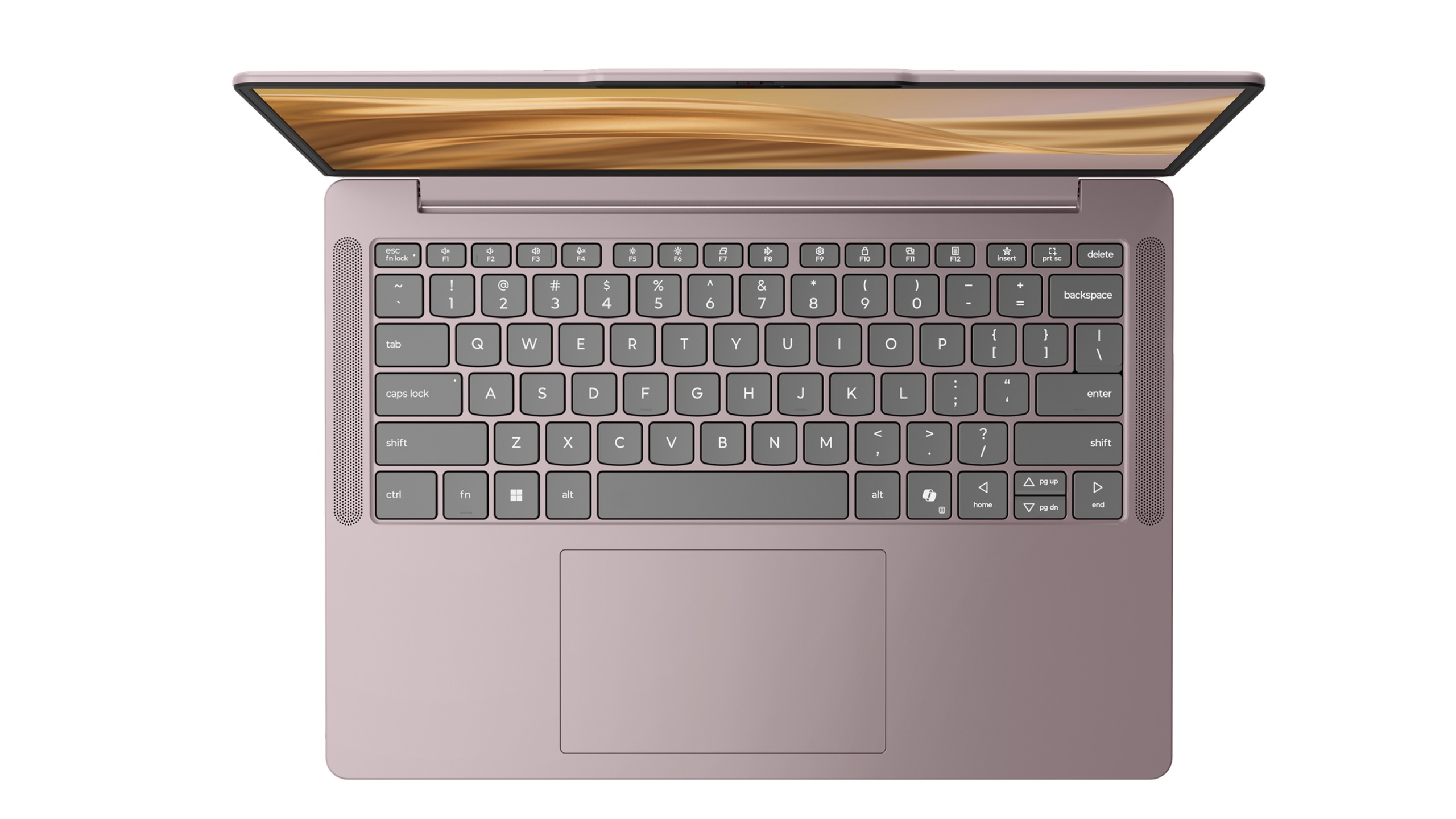 Top-down view of an open purple Lenovo IdeaPad Vibe laptop showing its keyboard, touchpad, and golden wallpaper on screen.