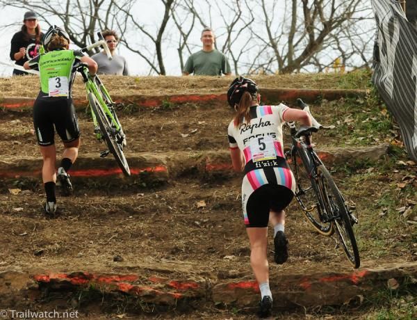 Gabby Day (Rapha Focus) chasing Antonneau up the stairs