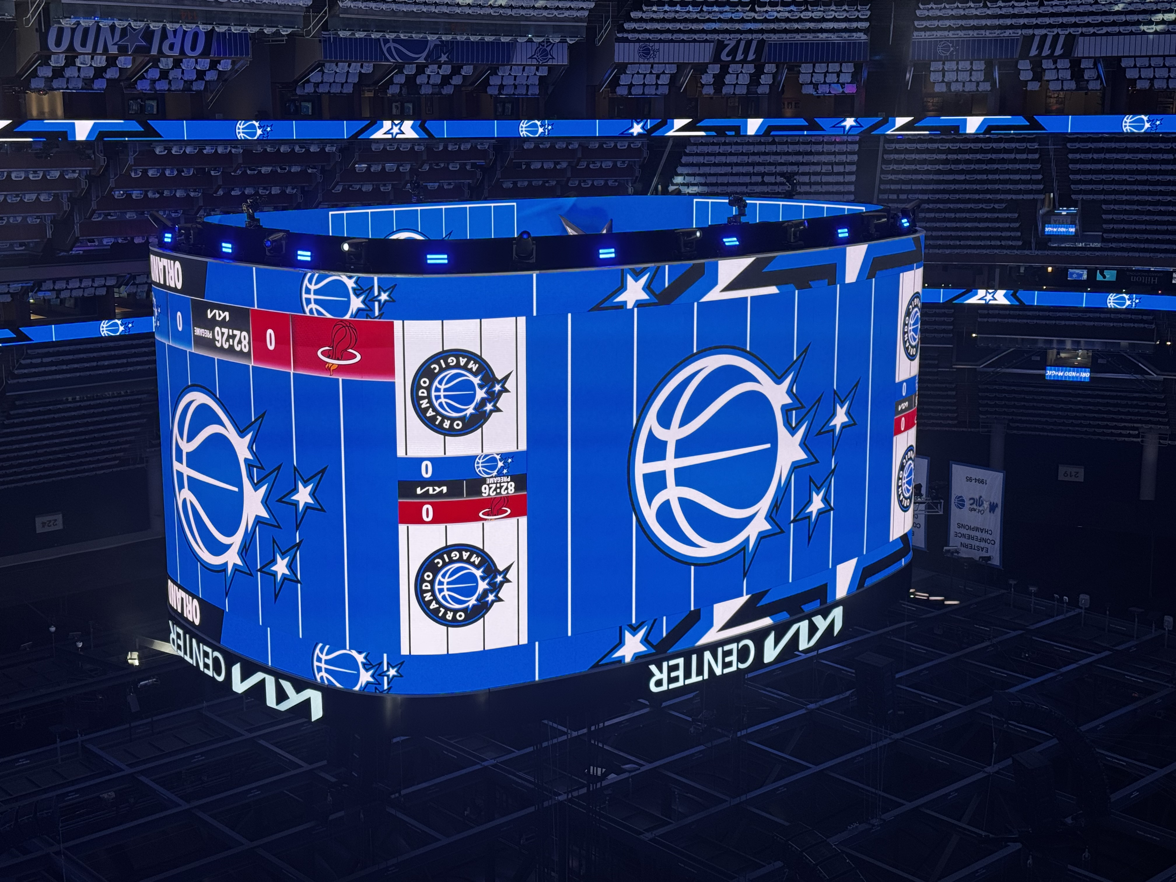 The new LED scoreboard at the Kia Center on the Orlando Magic&#039;s opening night.