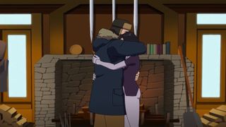 The Immortal and Dupli-Kate hug in his wooden hut in Invincible season 2 episode 8