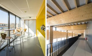 Left: seating area with bright yellow feature wall. Right: black railings along an upper floor