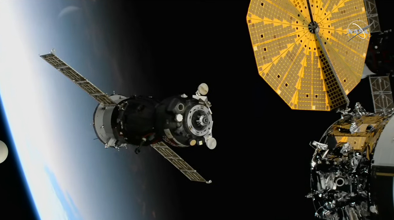 The Russian Soyuz MS-19 spacecraft carrying NASA astronaut Mark Vande Hei and Russian cosmonauts Pyotr Dubrov and Anton Shkaplerov undocks from the International Space Station on March 30, 2022.