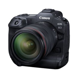 Canon EOS R3 mirrorless camera with battery grip and lens