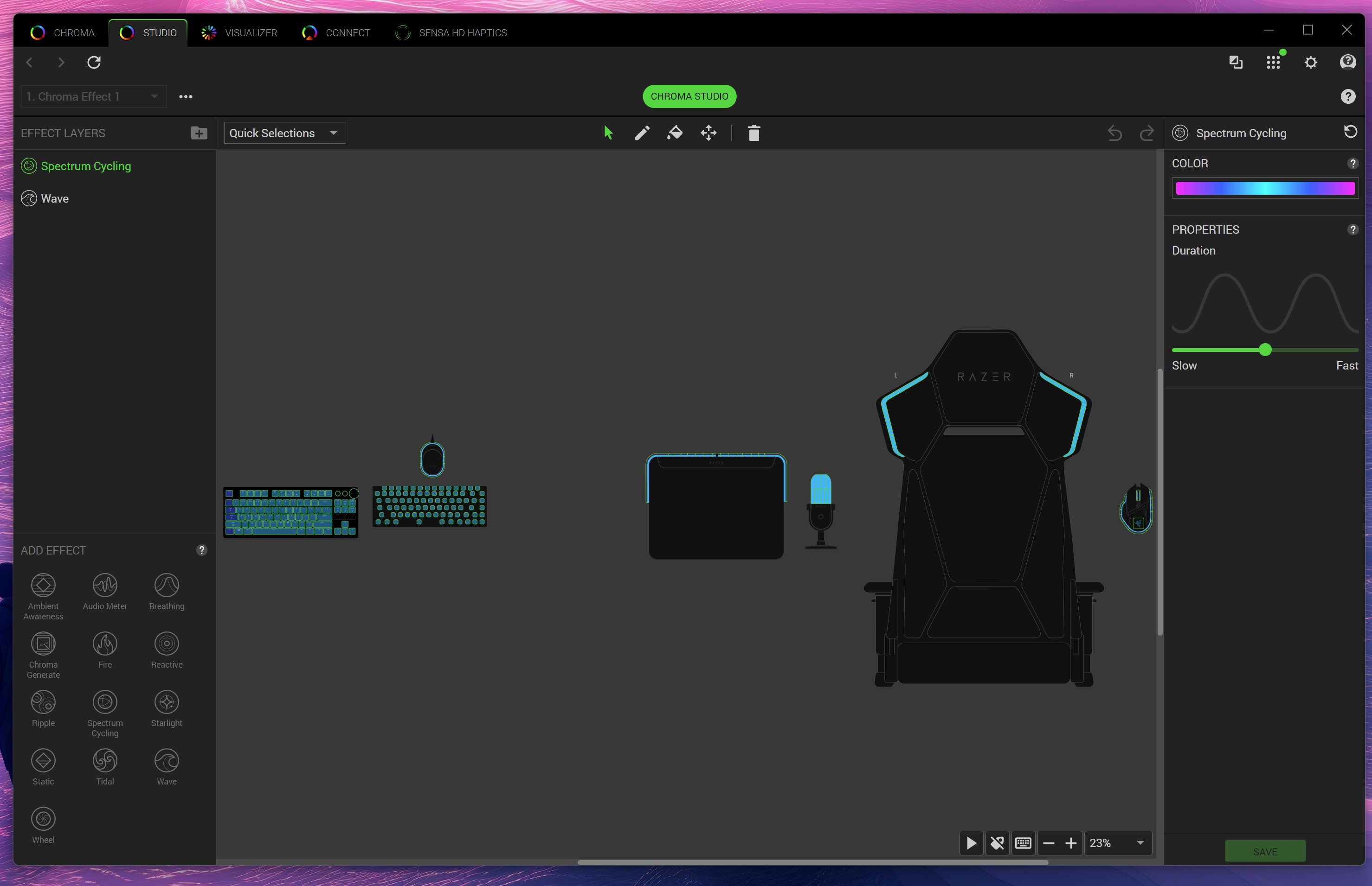 Razer Chroma Studio interface in Razer Synapse software displaying custom RGB lighting effects and layout for gaming gear.