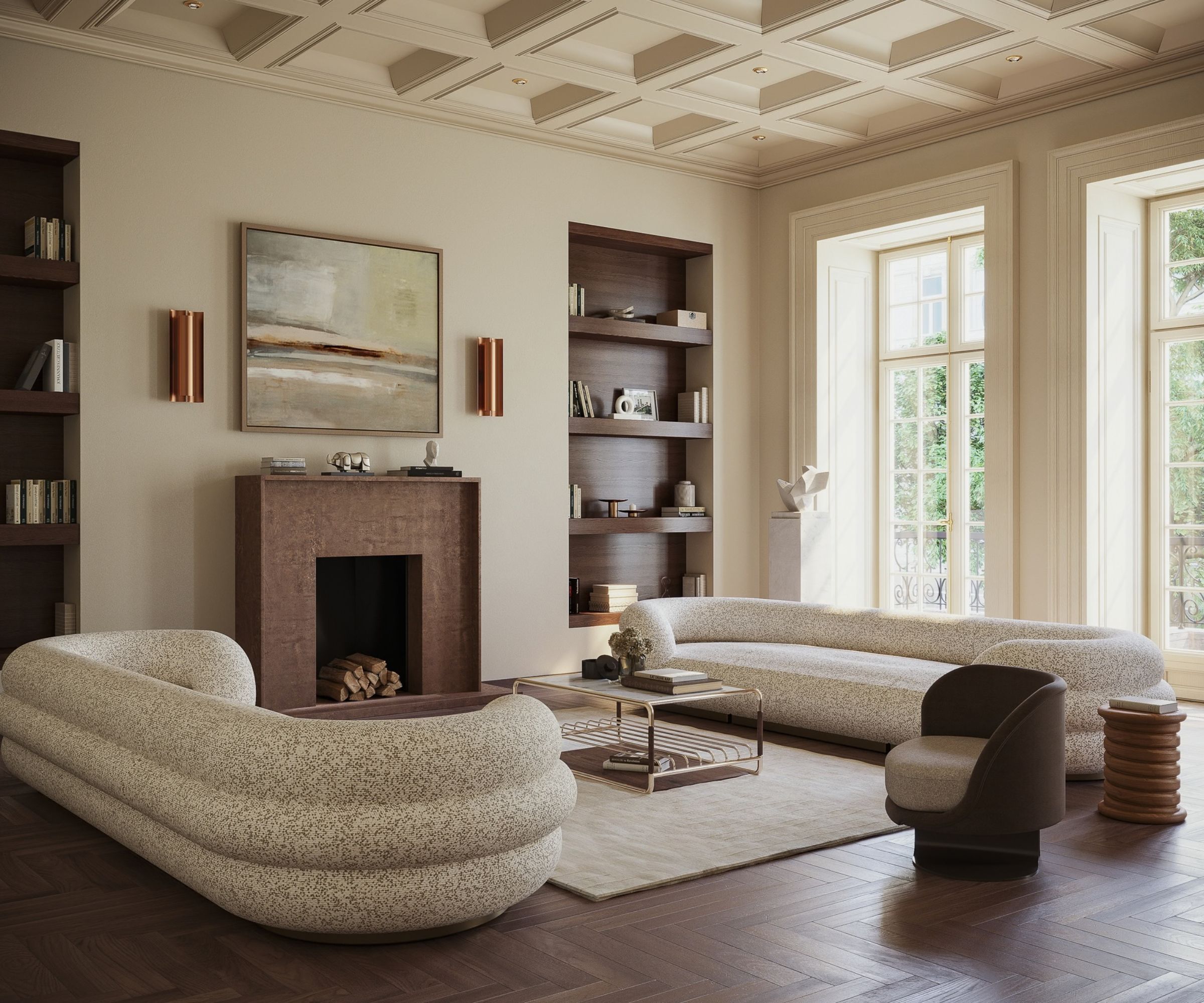 An elegant living room with a cream coffered ceiling with recessed spotlights, dark walnut herringbone flooring and built-in bookshelves. Two sculptural boucle sofas face a terracotta stone fireplace, flanked by copper wall sconces and tall French windows overlooking greenery.