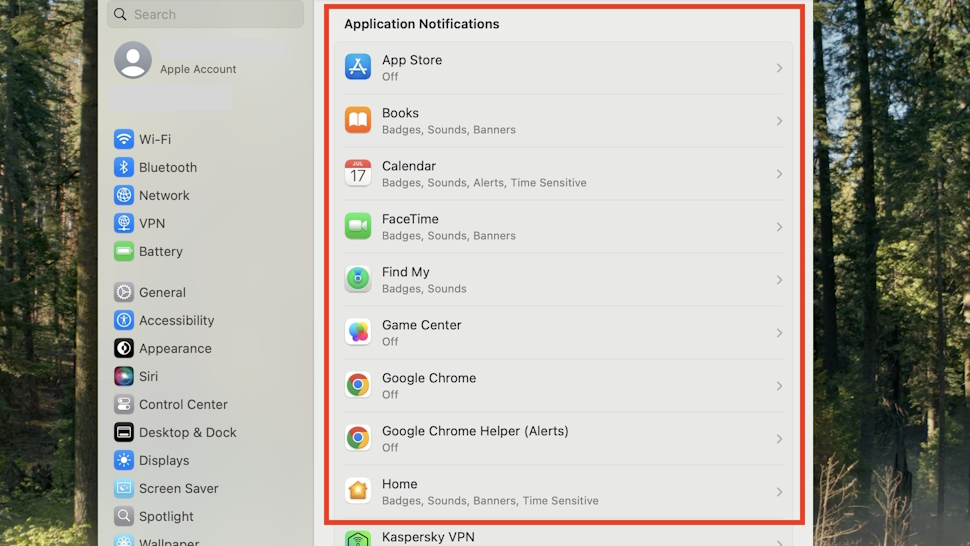 How to select an app to control notifications for on macOS