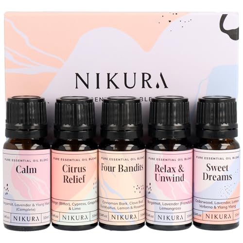 Nikura Essential Oils Blends Gift Set | Calming Essential Oils for Diffusers for Home, Sleep, Wax Melts | Relaxing Aromatherapy Oils Set | Uk Made & Vegan