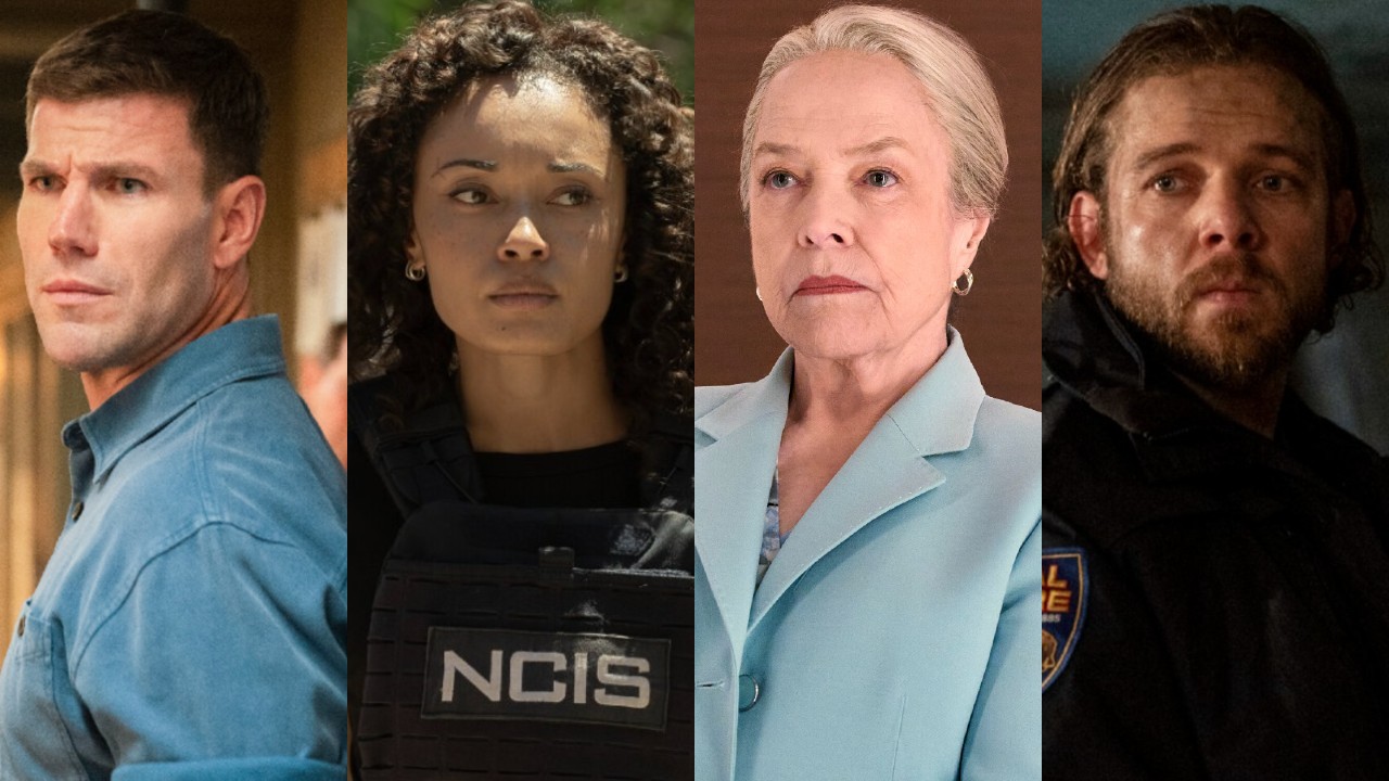 From left to right: Austin Stowell as Leroy Jethro Gibbs in NCIS: Origins, Olivia Swann as NCIS Special Agent Captain Michelle Mackey in NCIS: Sydney, Kathy Bates as &ldquo;Madeline Matlock&rdquo; in Matlock and Max Thieriot as Bode Leone in Fire Country.