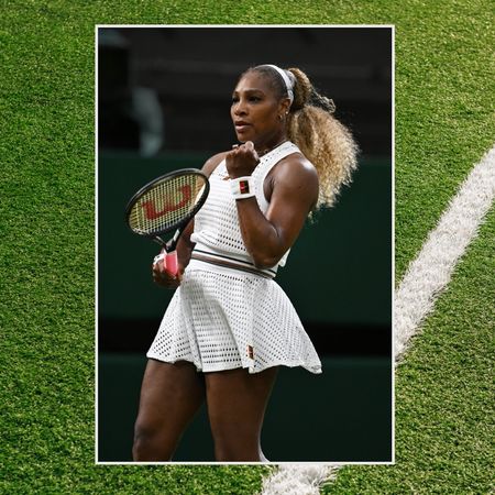 a grassy background with a black woman wearing tennis whites