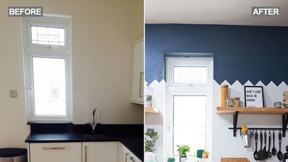 kitchen area with wooden shelves and counter and white and grey wall