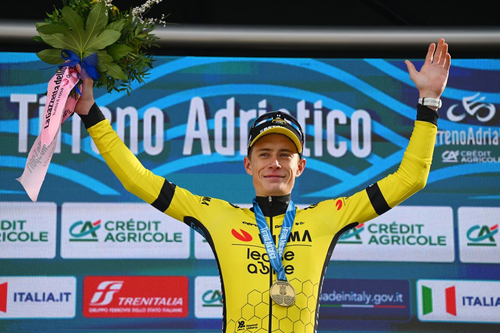 VALLE CASTELLANA ITALY MARCH 08 Jonas Vingegaard Hansen of Denmark and Team VismaLease A Bike celebrates at podium as stage winner during the 59th TirrenoAdriatico 2024 Stage 5 a 144km stage from Torricella Sicura to Valle Castellana 615m UCIWT on March 08 2024 in Valle Castellana Italy Photo by Tim de WaeleGetty Images