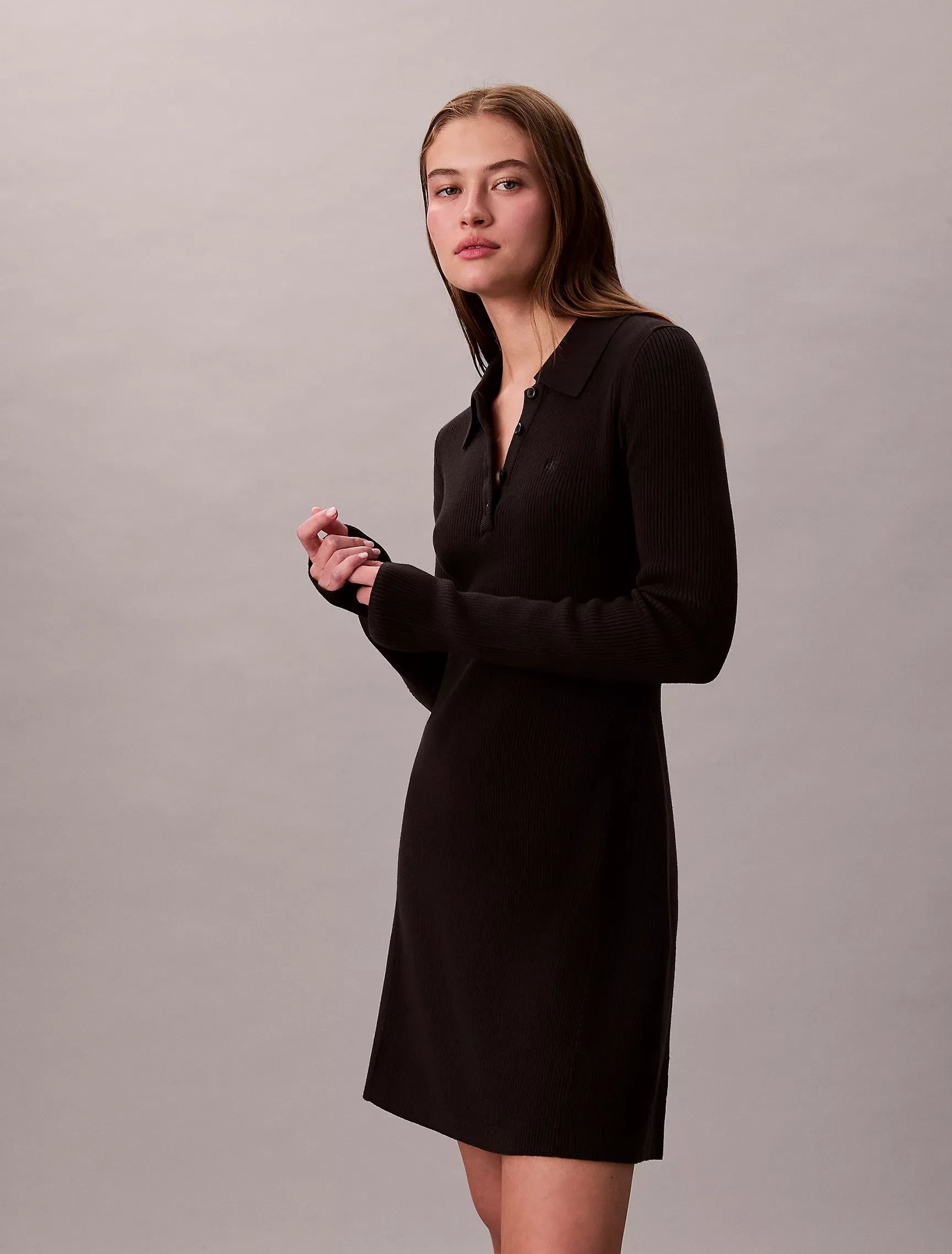 Cotton Rib V-Neck Polo Mini Dress