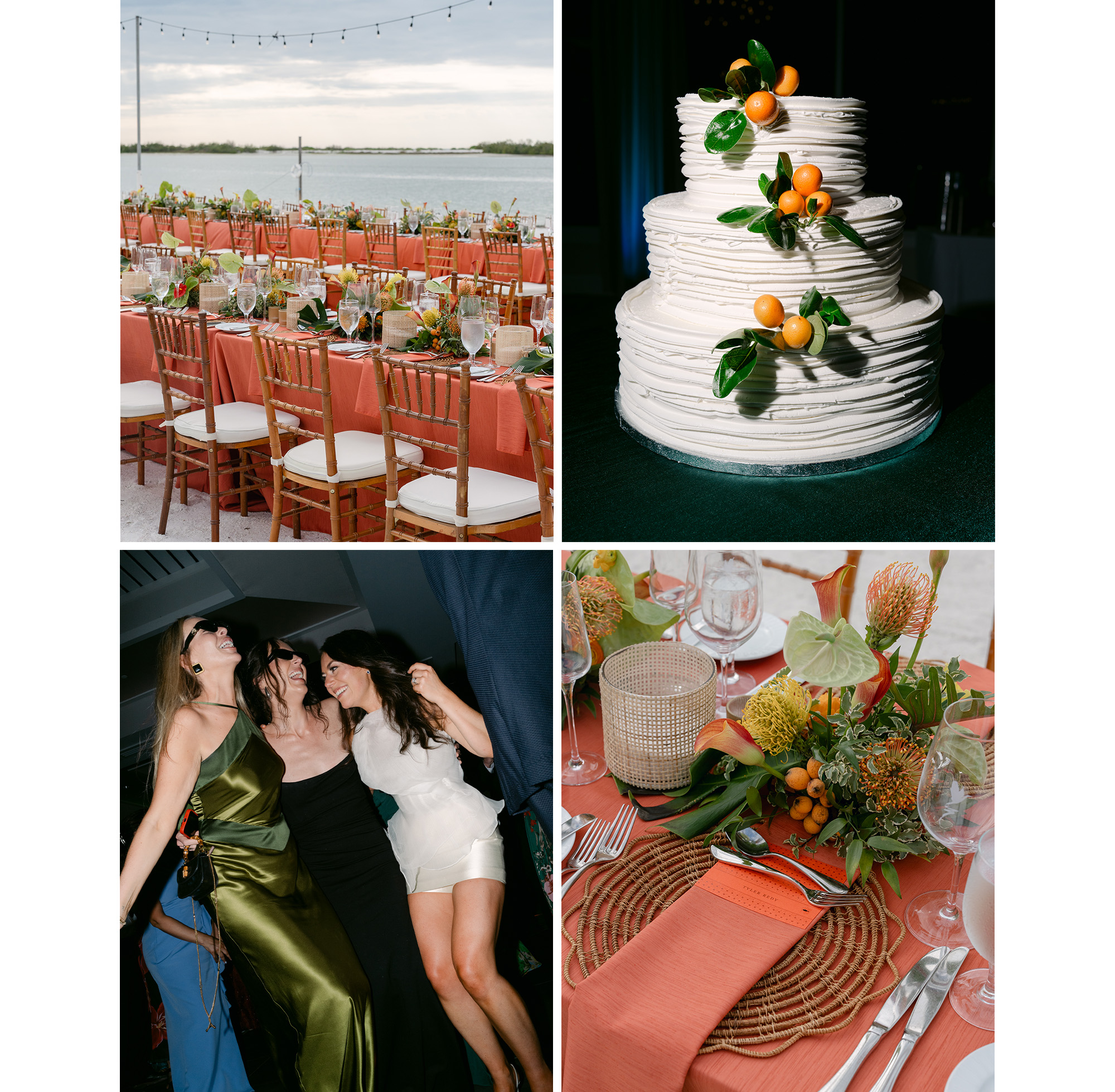 Collage of the table decor, cake, and guests at Kelli Orihuela and Chris Denci's wedding.