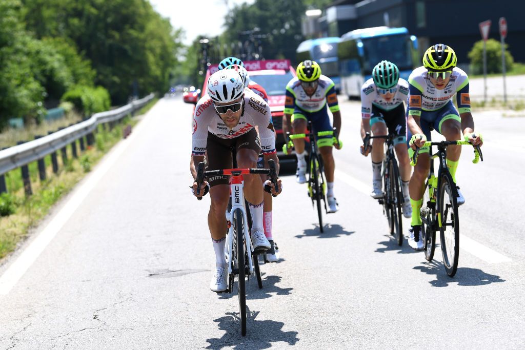 ALPE DI MERA VALSESIA ITALY MAY 28 Larry Warbasse of United States and AG2R Citren Team in breakaway during the 104th Giro dItalia 2021 Stage 19 a 166km stage from Abbiategrasso to Alpe di Mera Valsesia 1531m Stage modified due to the tragic events on May the 23rd 2021 that involved the Mottarone Cableway Refreshment UCIworldtour girodiitalia Giro on May 28 2021 in Alpe di Mera Valsesia Italy Photo by Tim de WaeleGetty Images