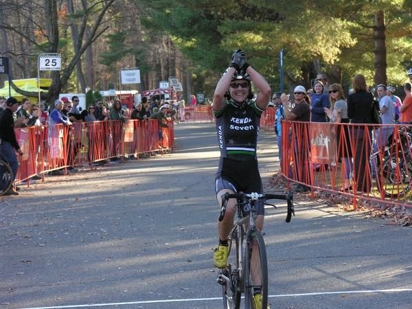 Mary McConneloug can't believe it as she crosses the line as the victor.