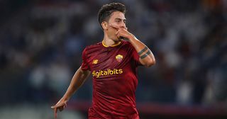 Tottenham Hotspur target Paulo Dybala of Roma celebrates after scoring their team's first goal during the Serie A match between AS Roma and AC Monza at Stadio Olimpico on August 30, 2022 in Rome, Italy.