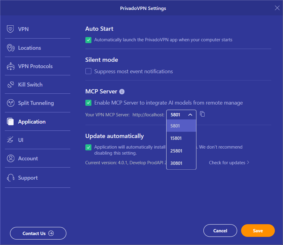 PrivadoVPN's MCP server Settings on app