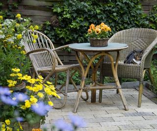 Wicker chairs and table in small urban backyard