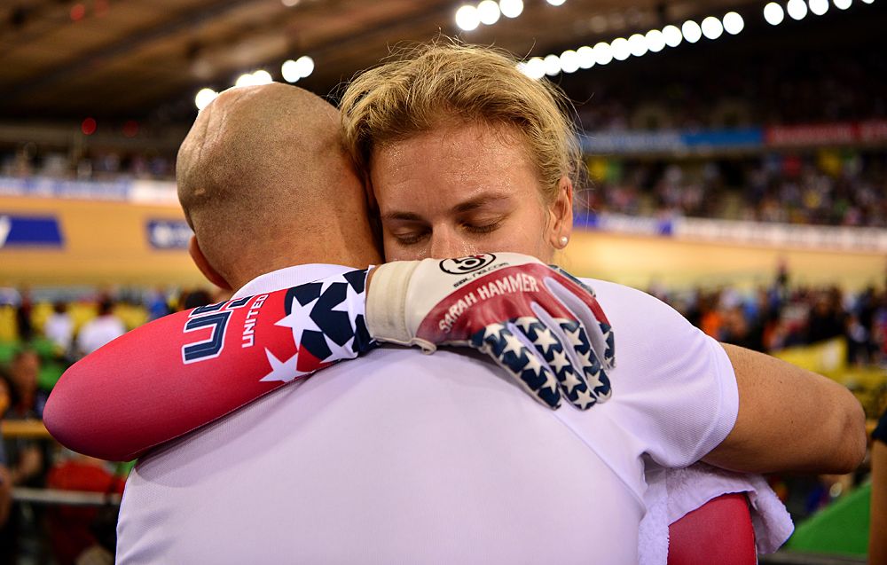 Sarah Hammer of USA gets emotional after winning the Women's Team Pursuit