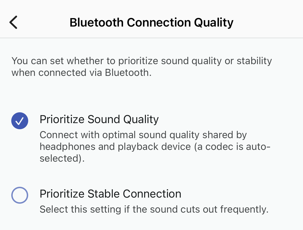 Screenshot of the Bluetooth Connection Quality menu in the app for the Sony WF-1000XM6