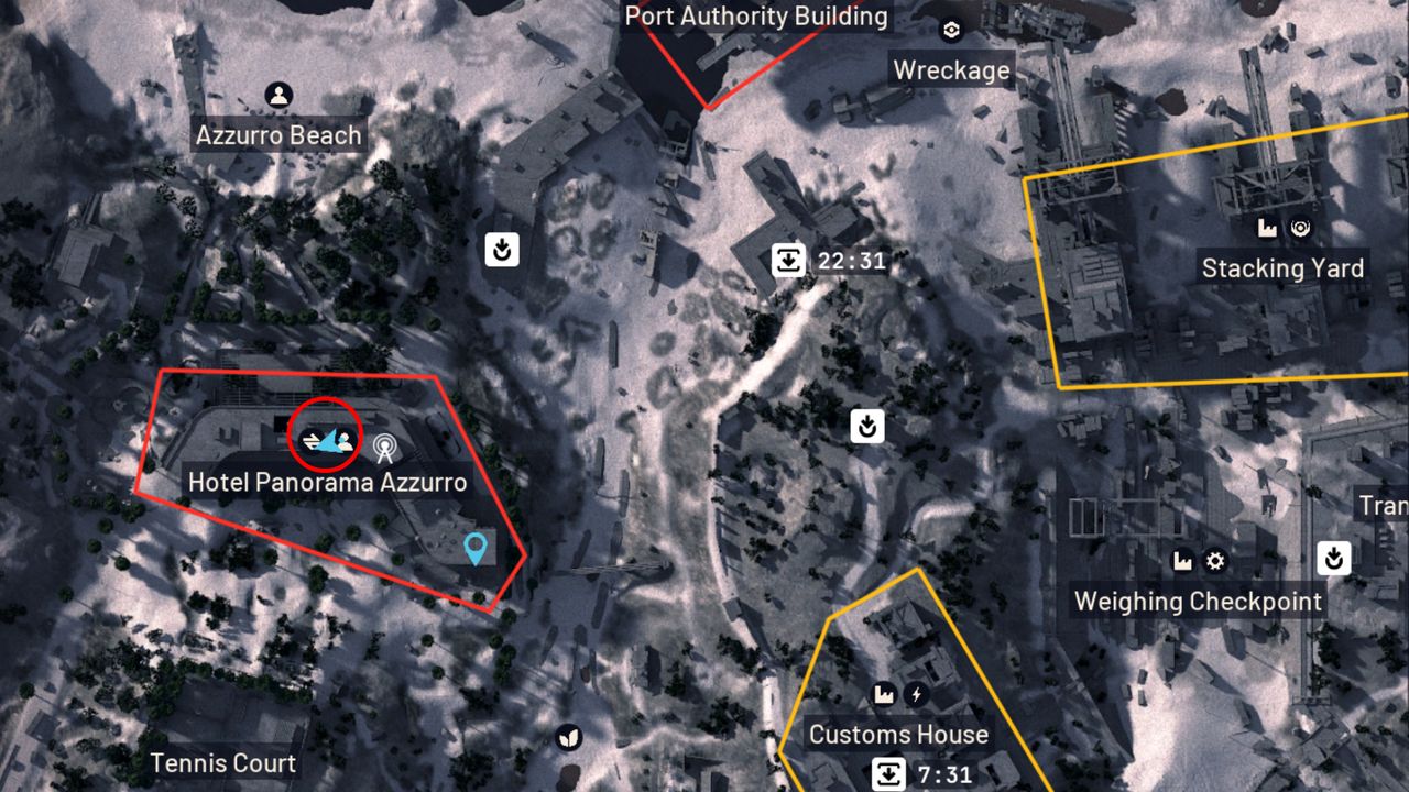 Arc Raiders Safe Harbor: A map of Riven Tide with a red circle highlighting a location in Hotel Panorama Azzurro.