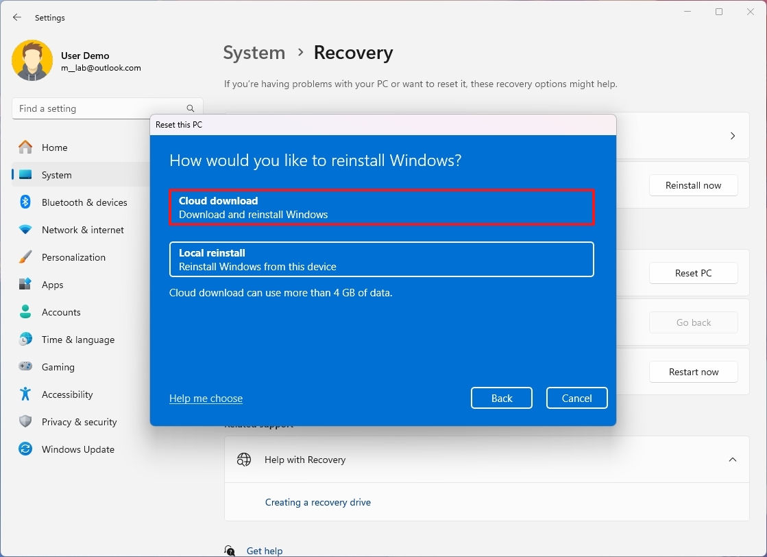 Windows 11 Settings cloud download