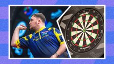 Luke Littler next to a Winmau dart board