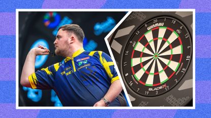 Luke Littler next to a Winmau dart board