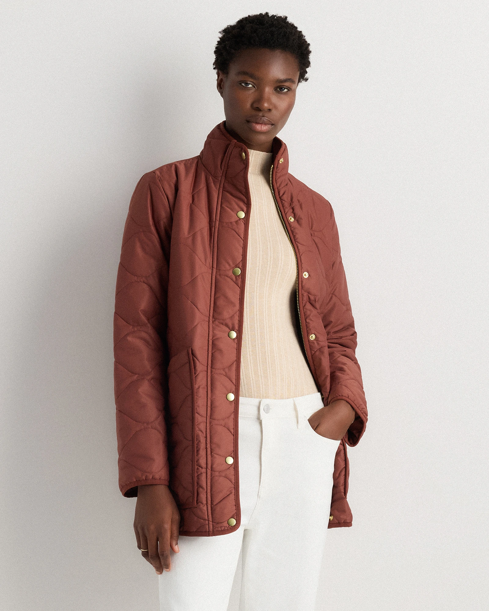 Featherless Quilted Long Puffer Jacket in Redwood Brown