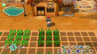 STORY OF SEASONS: Friends of Mineral Town screenshot player in grey overalls and grey hat standing in front of a field of crops holding a plate of produce