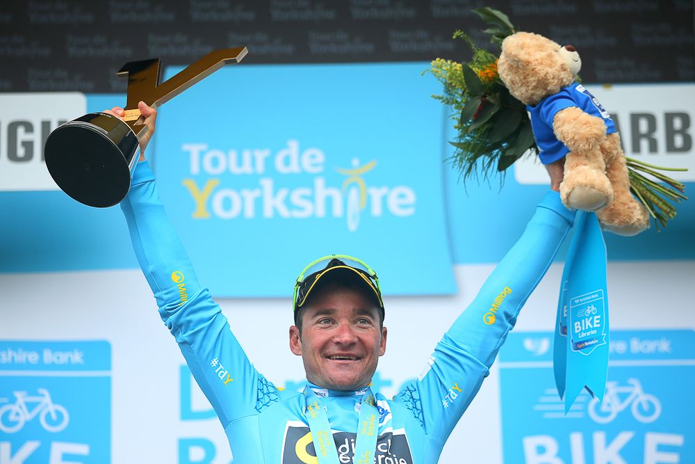 Thomas Voeckler on the final podium at the Tour de Yorkshire