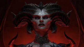 Lilith steht vor einem roten Hintergrund