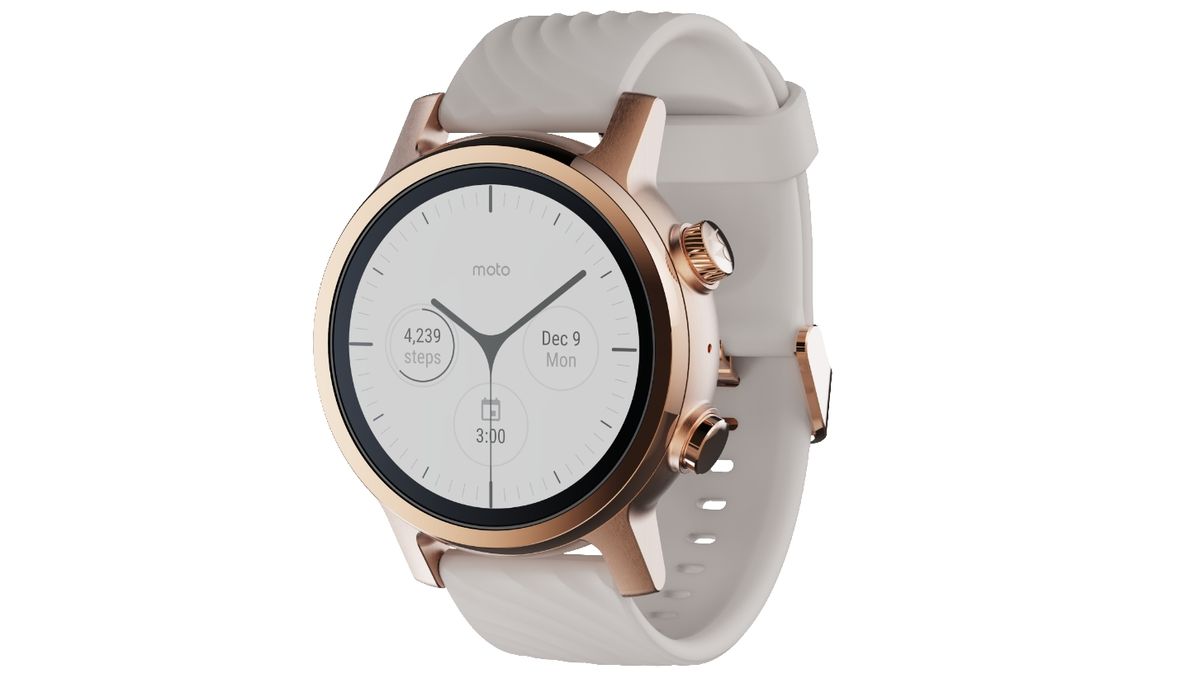 The Moto 360 in Rose Gold with a white silicone strap