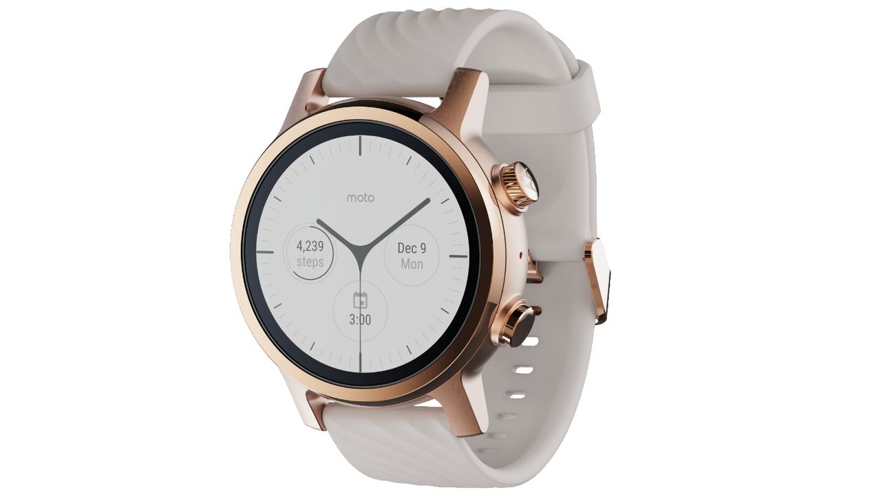 The Moto 360 in Rose Gold with a white silicone strap