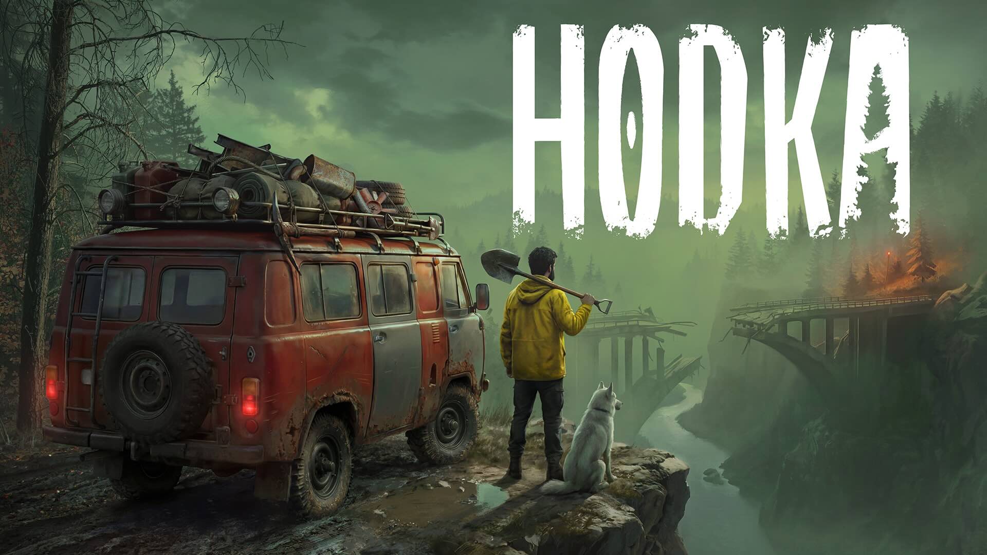 A man surveys a ruined landscape. The Hodka logo is at the top.