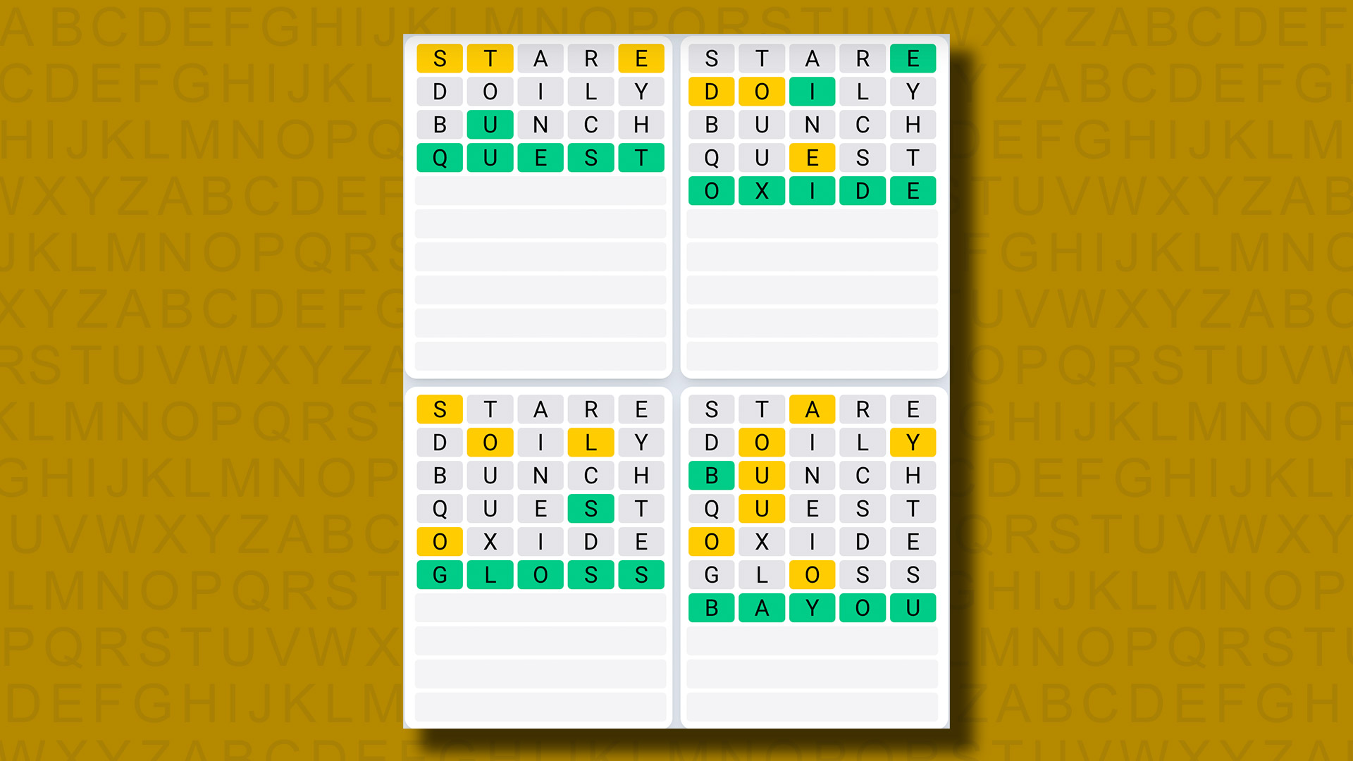 Quordle Daily Sequence answers for game 1019 on a yellow background