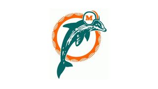 Miami Dolphins logo from 1989, depicting a leaping dolphin wearing a football helmet in front of a sun shape.