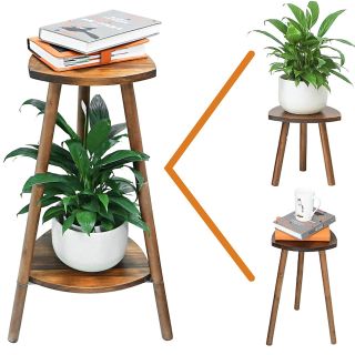 tall wooden plant stand with plants and books from amazon