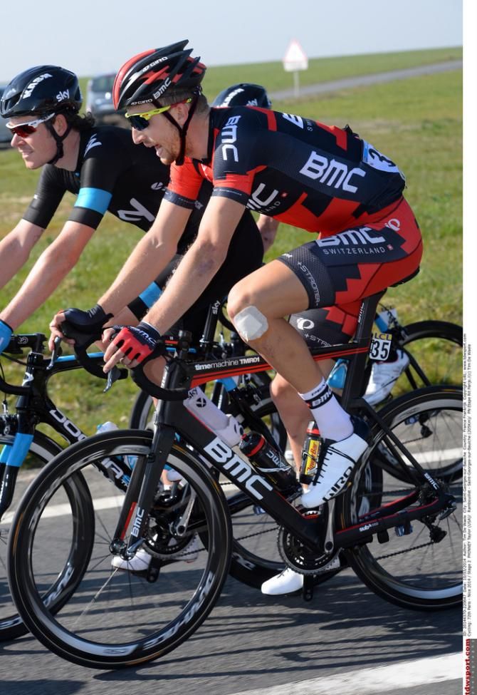 Taylor Phinney's (BMC) knee is bandaged after a crash at the opening week of the cobbled classics