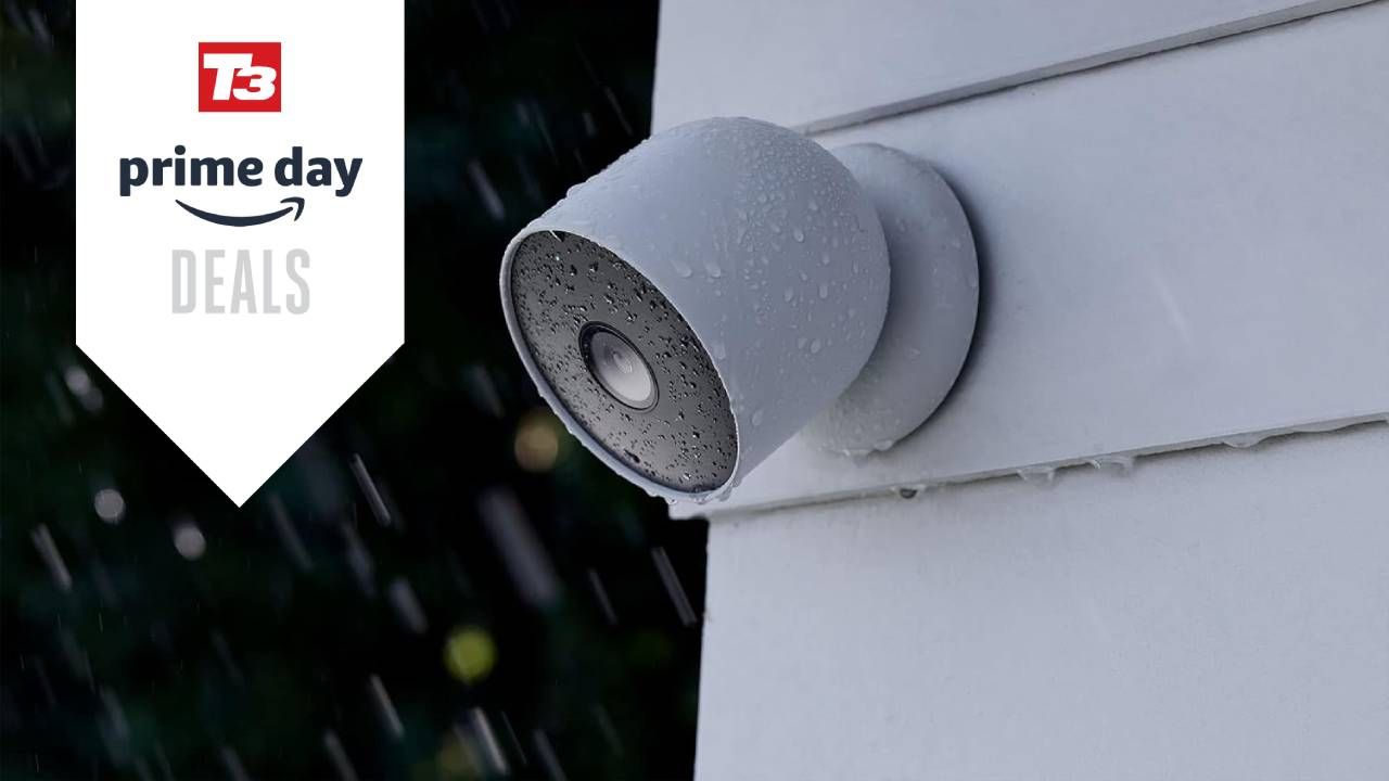 Lifestyle image of the Google Nest Cam Outdoor with T3&#039;s white Prime Day deals badge